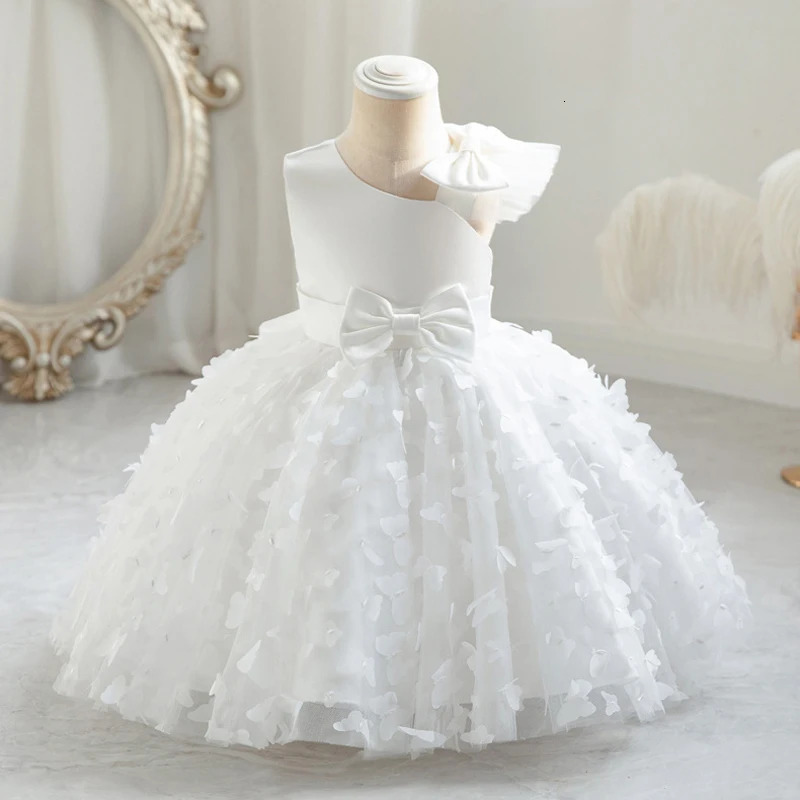 Bow Baby Girls White Baptism Dress Butterfly Tulle Infant 1st Birthday Wedding Gown Flower Princess Party Dresses 250117