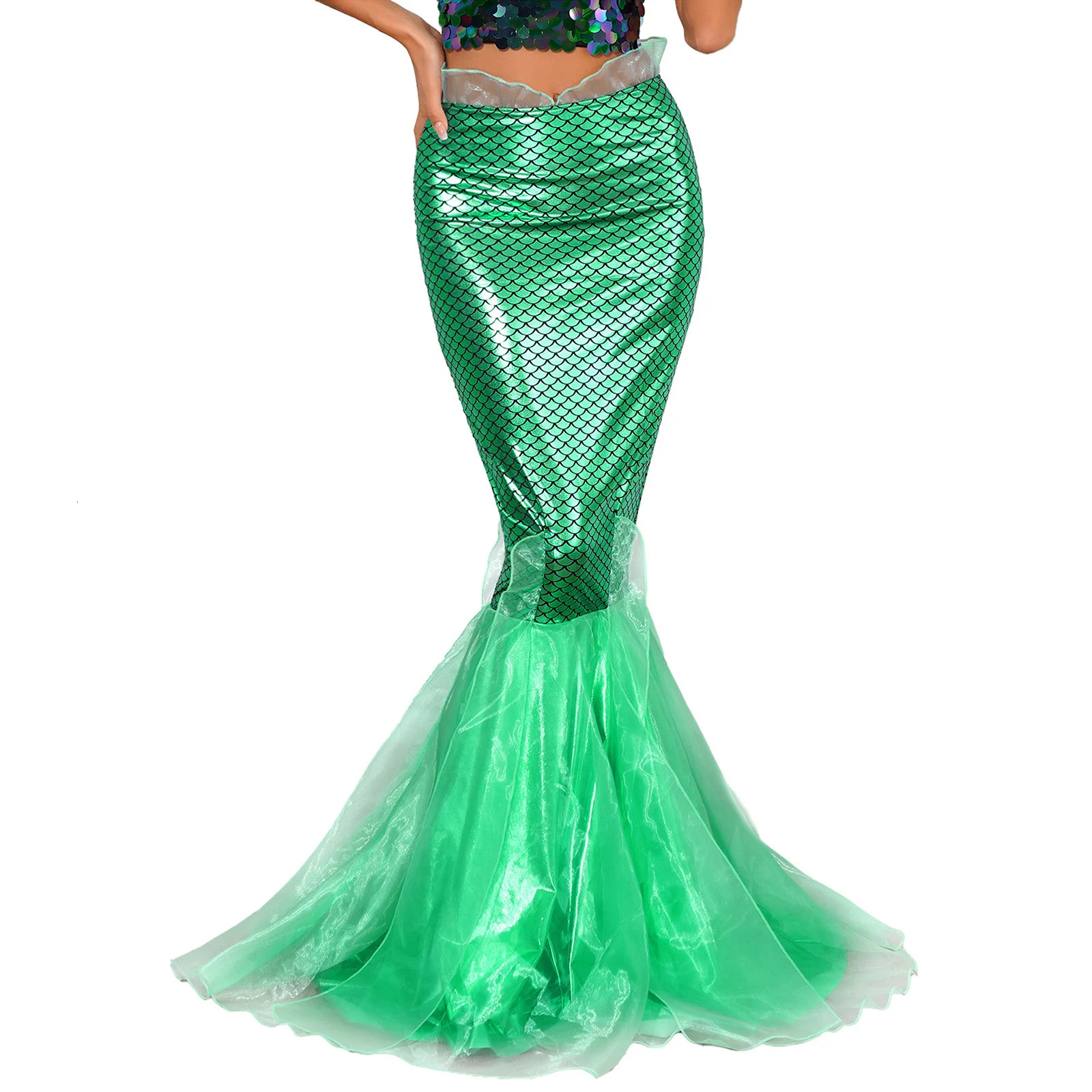 Halloween Costume Mermaid Tail Dress Up Party Shiny Metallic Fishtail Long Maxi Skirts Role Play Cosplay Gown 250220