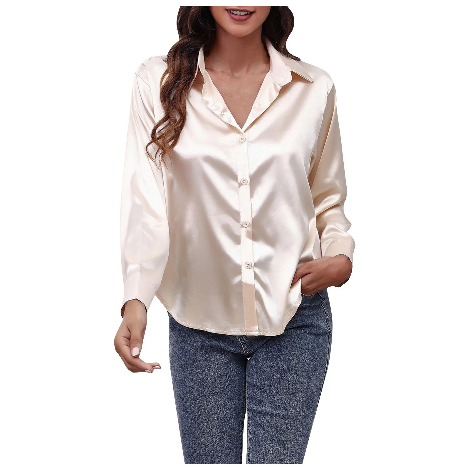 Fashion Solid Color Long Sleeved VNeck Satin Silk Shirts For Women High Street Breathless Daily Chemise Femme Chic 250219