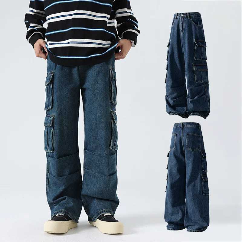 Multi pocket blue washed denim cargo pants for men Y2K heavy-duty retro streetwear fashion hip-hop jeans Harajuku casual wide leg pants X250220