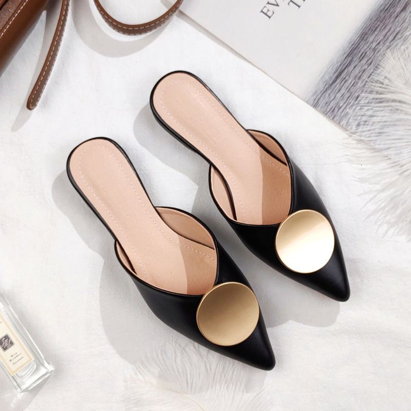 Summer New Baotou Half Cool Tuo Women's Pointed Flat Bottom Lazy Outsider Wearing One Step Moeller