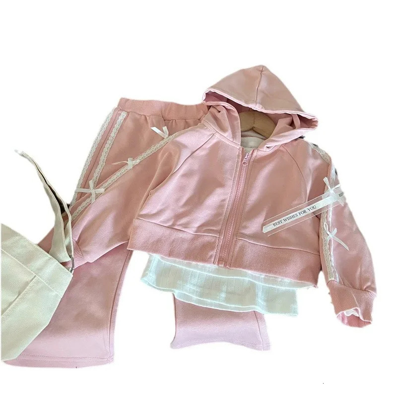 Korean Childrens Spring Girls Two-piece Set Bow Hooded Sweatshirt Jacket Lace Flared Pants Suit Toddler Girl Outfits 250219