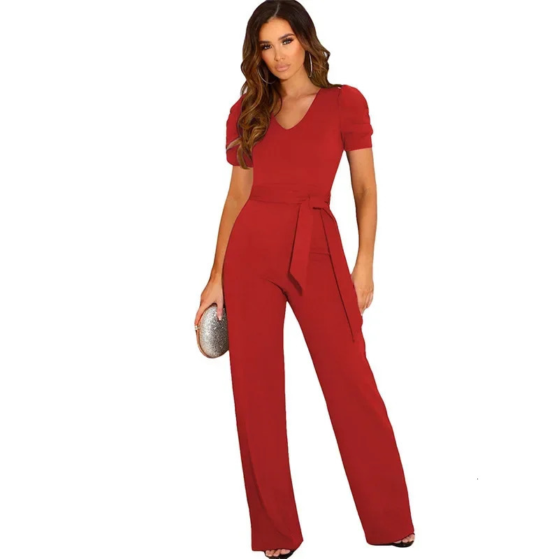 Summer Style Strap Waist Wrapped jumpsuit Womens Solid Color V-neck Short Sleeve Wide Leg Long Pants 250220