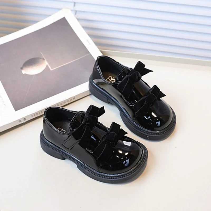 Children Black Mary Jane Shoes Glossy PU Girls Causal Leather Shoes with Bowknot New Sweet Kids Princess School Uniform Shoes X250220