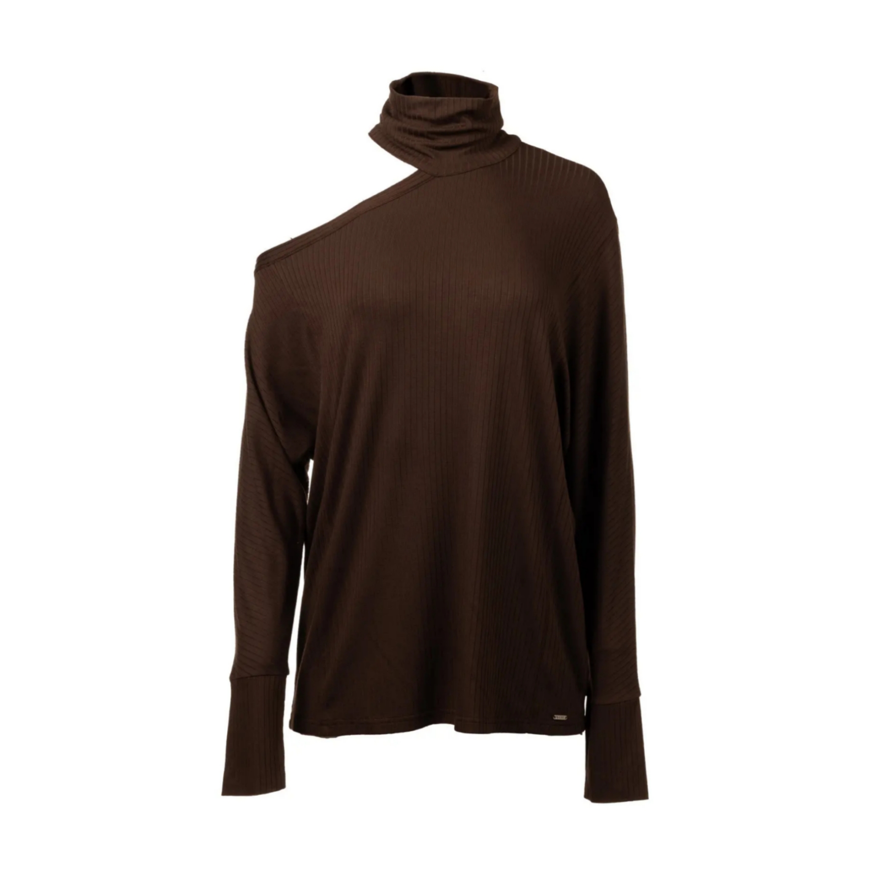 Stylish Ribbed Stretch Fabric Dark Brown High collar Sweater Top with asymmetrical shoulder opening
