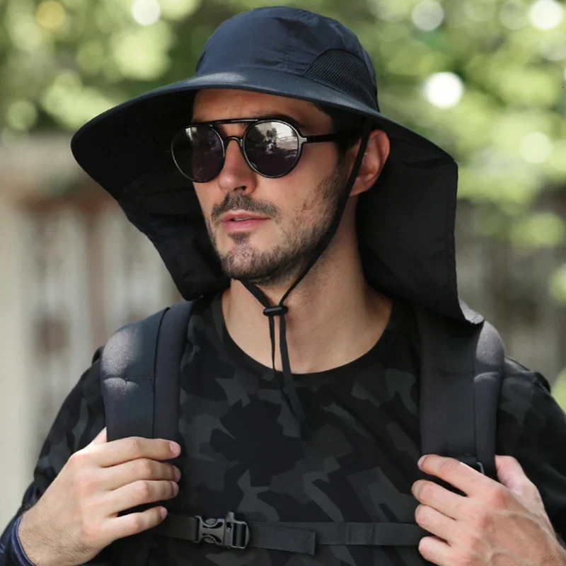 Outdoor Fisherman Hat Wide Brim Bucket with Neck Cover Men Summer Breathable Mesh Sun Protection Visor Anti UV Cap Unisex 250117