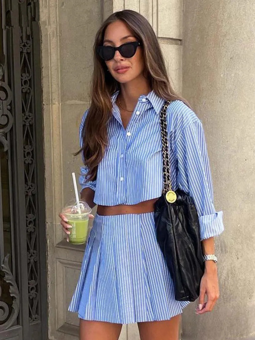 Elegant Blue Striped Print Skirt Suits For Women Fashion Long Sleeve Button Crop Tops And High Waist Pleated Skirts 2 Pieces Set 250220