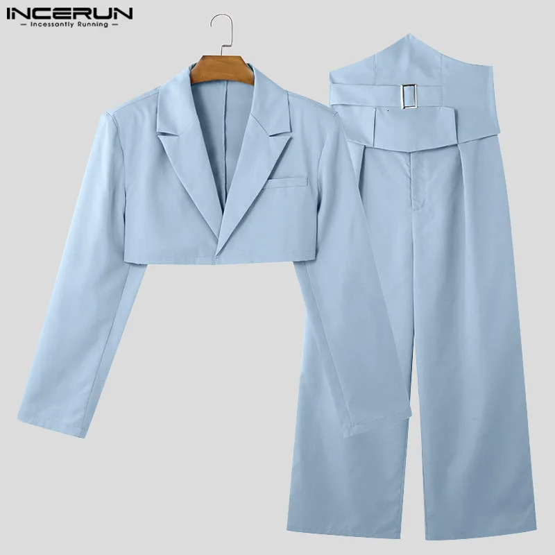 INCERUN Spring and Autumn Mens Long Sleeve Top Solid Wide Leg Pants Mens Two Piece Casual Set Streetwear 250220