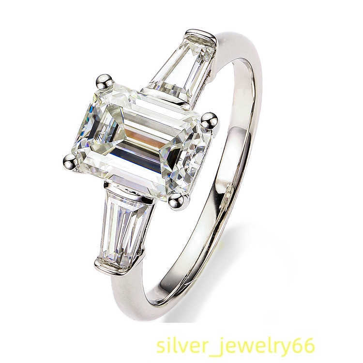 AAA GEMS Trendy Emerald Cut Moissanite Three Stone Ring Girl Ladies 14K Gold Ring