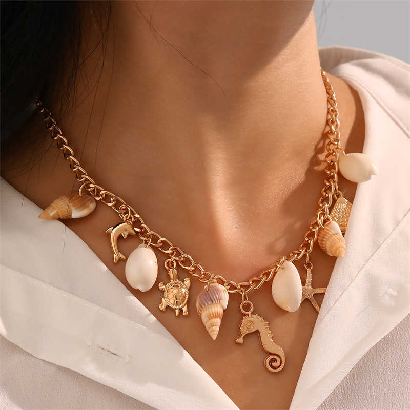 Pendant Necklaces NZ3213 Marine Conch Turtle Pendant Womens Necklace Beach Vacation Style Shell Womens Neck Chain H25219