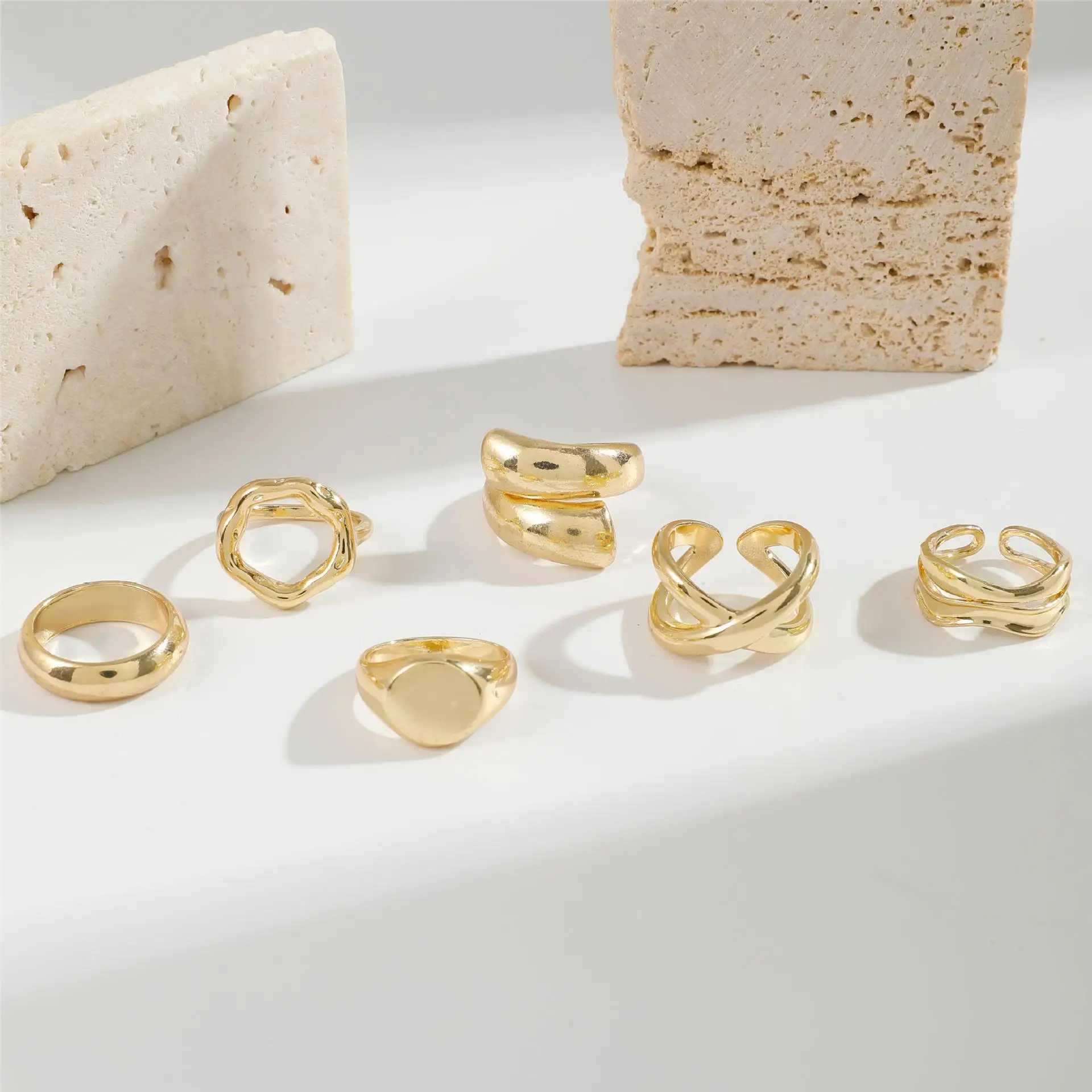 6-piece/set gold smooth Geely open ring set for Exaggerated metal iris thick and thick rings jewelry gifts X250220
