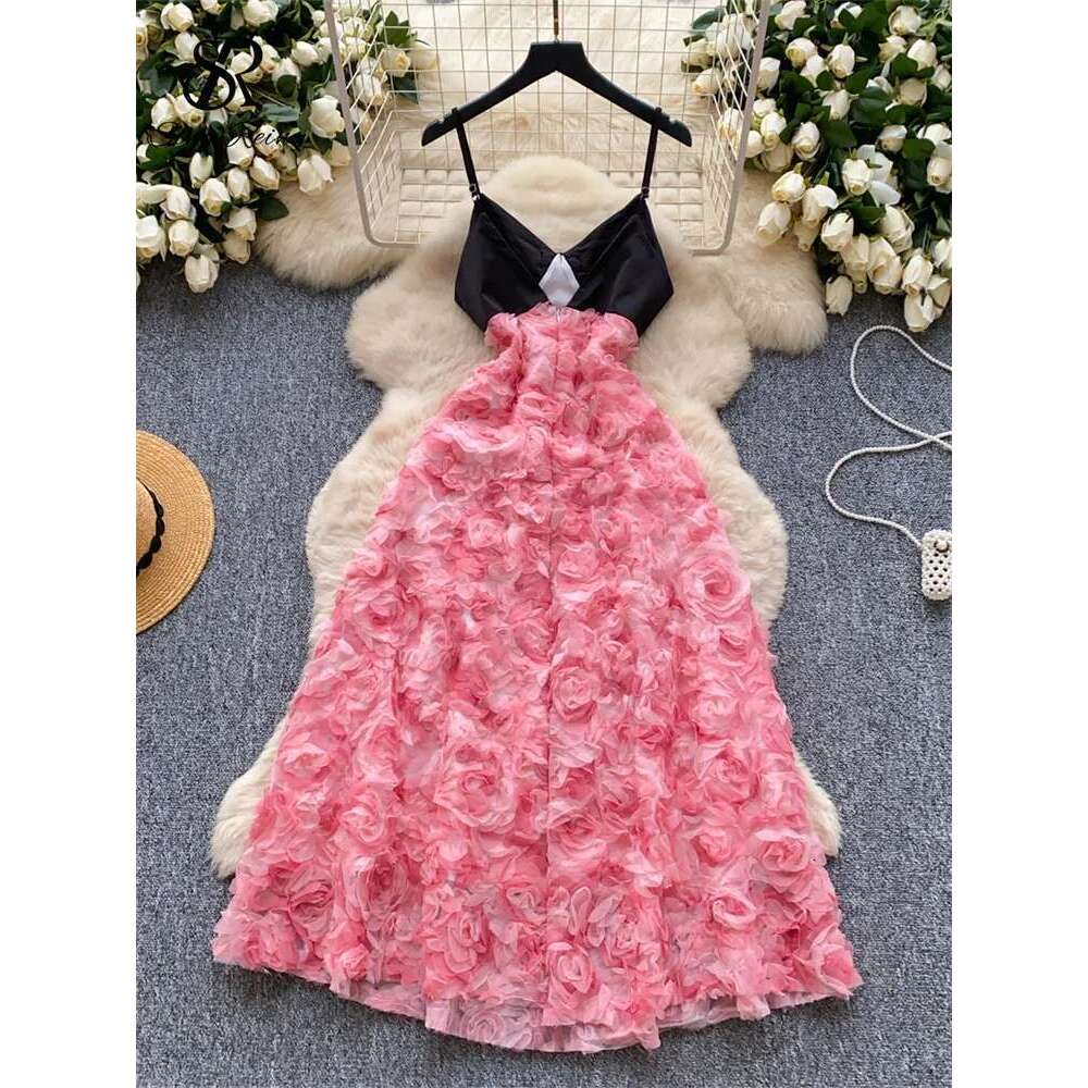 SINGREINY Elegant Evening Party Ladies V Neck Beading Sleeveless Sundress Rose Splice Chic Long Spaghetti Strap Dress
