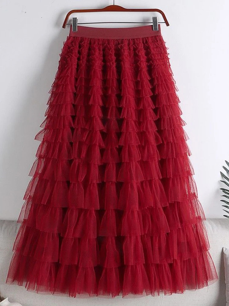 LANMREM Fashion Mesh Skirt Women High Waist Aline Gauze Spliced Solid Color Loose Skirts Versatile Spring 2AA4000 250213