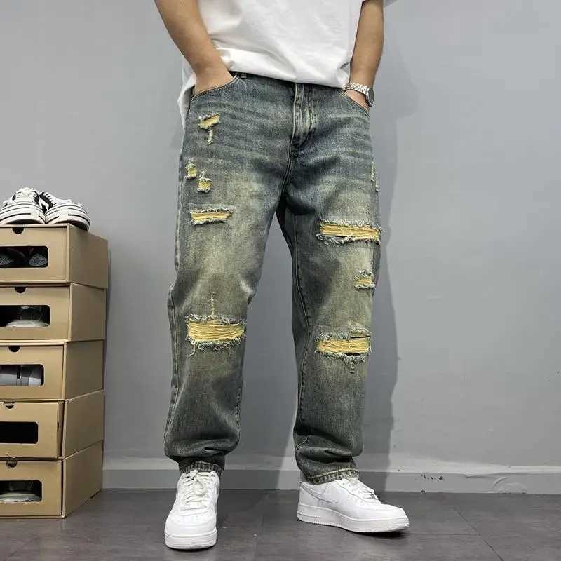 Washed Retro Distressed Patched Jeans Mens Loose Pants High Street Style X250220