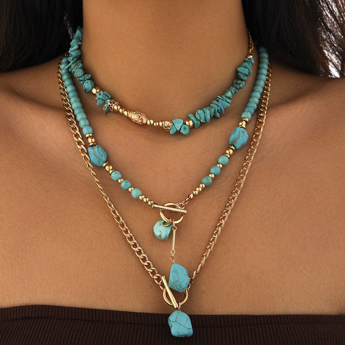 Pendant Necklaces Jewelry bead geometric turquoise collarbone chain casual style multi-layer Bohemian necklace H25219