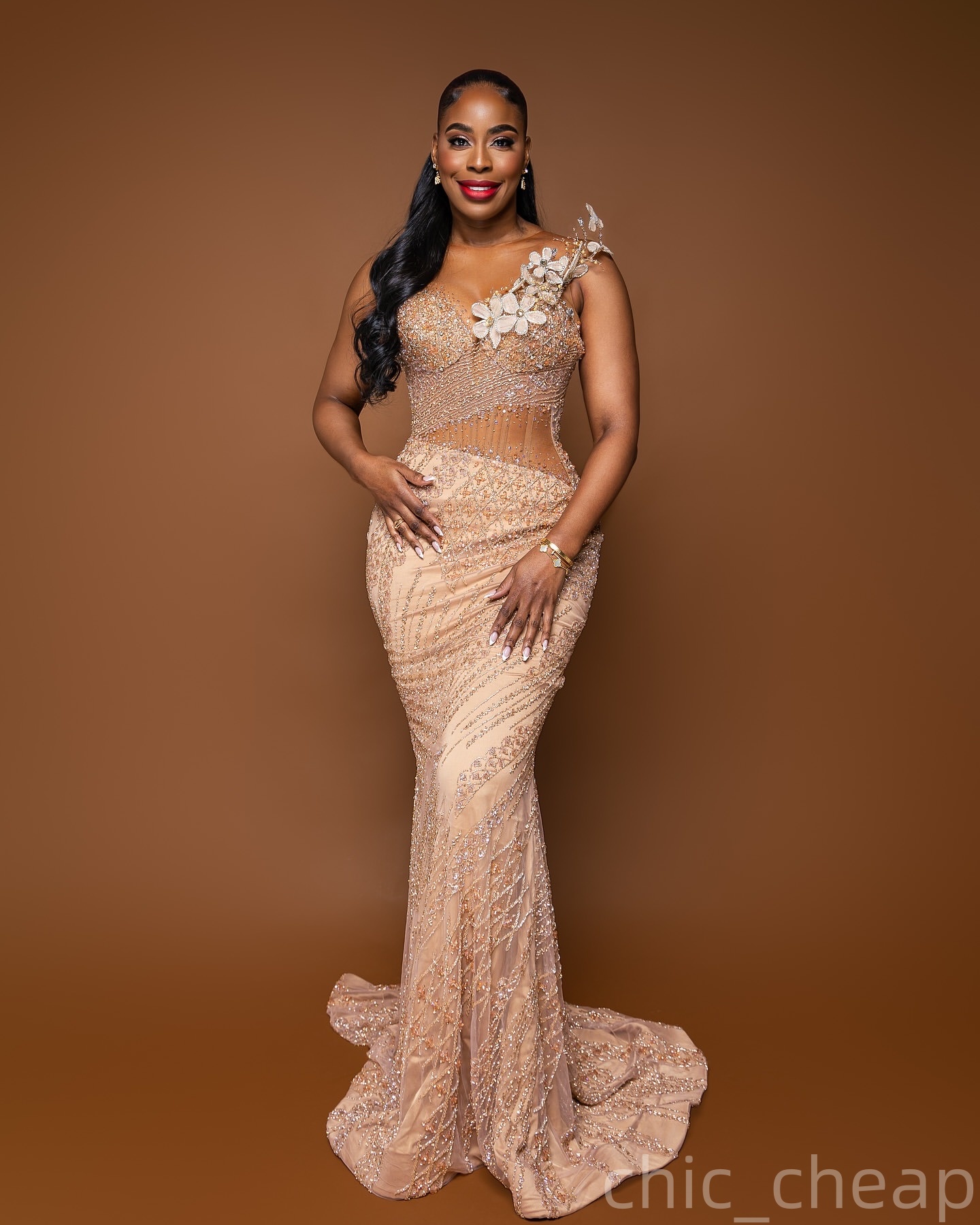 Champagne Mermaid Prom Dresses 2025 Illusion Beaded Crystals Florals Evening Formal Party Second Birthday Engagement Gowns Plus Size Dress For Special