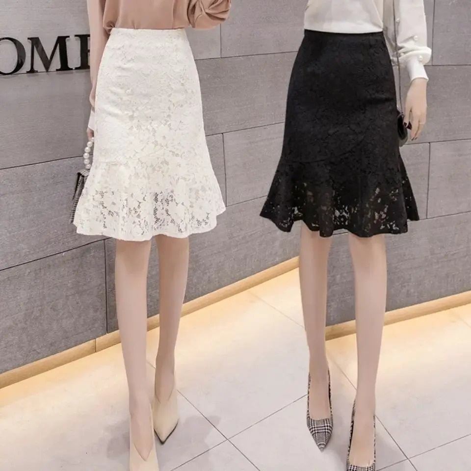 Ladies Temperament Lace Solid Color High Waist Fishtail Skirt Summer Fashionable Zipper Slim Aline Women Clothing Ruffles 250220