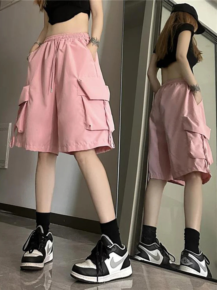 Zoki Streetwear Hip Hop Cargo Shorts Women Vintage Harajuku High Waist Y2K Short Pants Casual Korean Pockets Bf Shorts Summer 250219