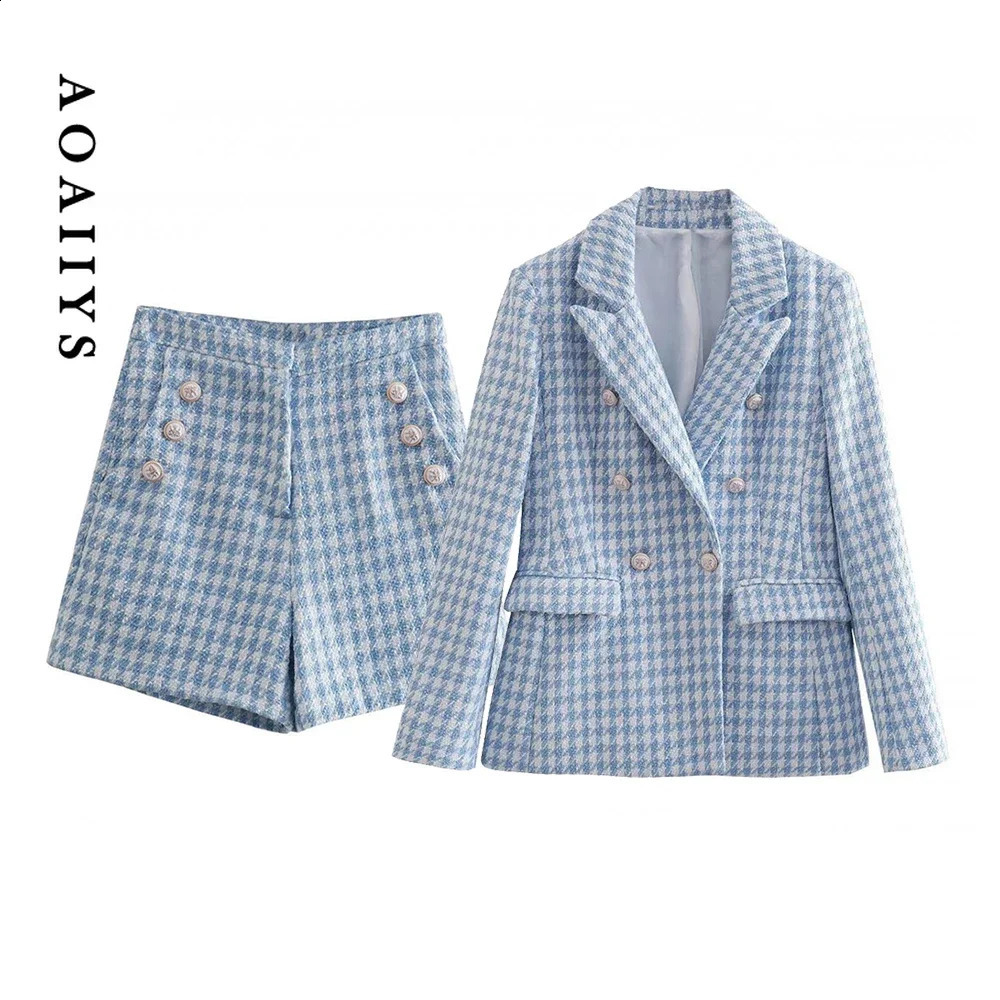 Quick view Wish list Shorts Set Houndstooth Double Breasted Tweed Blazer Long Sleeve Office Lady Chic Two Piece Sets Outifits 250220
