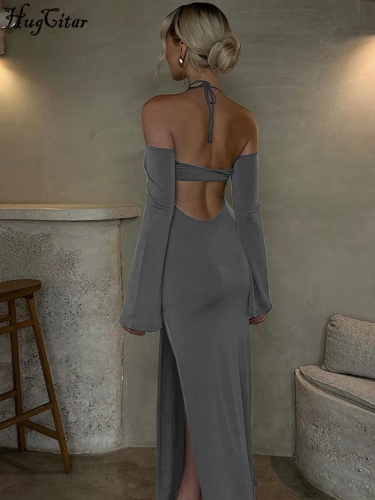 Hugcitar Halter Solid Long Sleeve Backless Lace Up Slit Sexy Slim Maxi Dress Spring Elegant Festival Party Club Clothes Y2K 250219