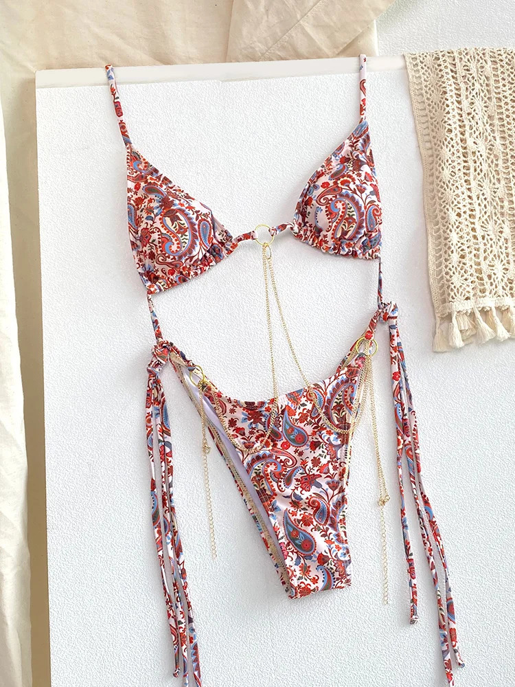 Sexy Triangle Chains Bikini Sets Micro Thongs Swimsuit Women Bathing Suit Bikini Bandage Beachwear Print Swimwear Thong Bikini 250220