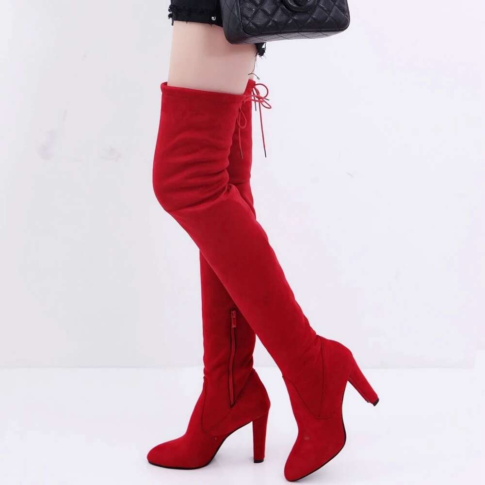SH Fashion Over The Knee Women Stretch Fabrics High Heel Slip On Shoes Pointed Toe Woman Long Boots Plus Size 34-43 Sb202