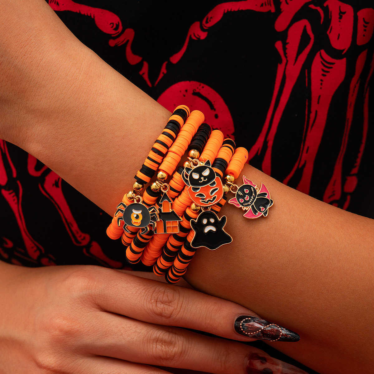 Charm Bracelets Halloween Pumpkin Soft Ceramic Bracelet Punk Alloy Letter Gothic Style Multi Layer Bracelet H25220