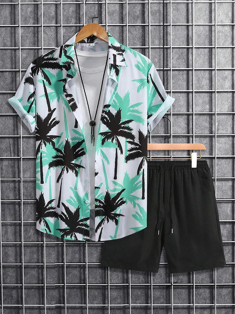Coconut Tree Print Mens Short Sleeve Shirt And Beach Shorts Sets Summer Fashion Casual Loose Shirts Hawaiian Style Man 250220