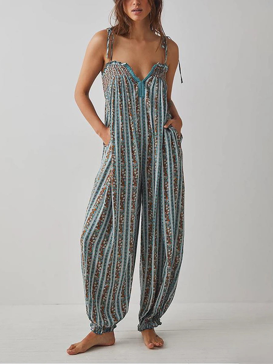 Womens Summer Cami Jumpsuits Retro Floral Print Tie-Up Spaghetti Strap Sleeveless Long Rompers Fashion Loose Playsuits 250220