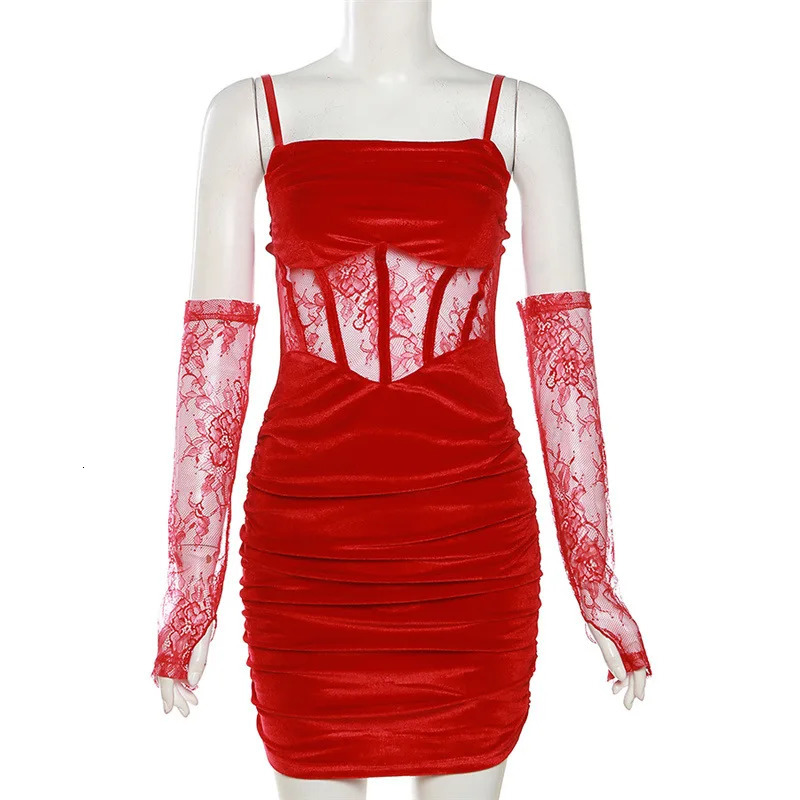 Nibber Winter Bachelor Party Solid Coquette Velvet Tight Sexy Fit Mature Charm Women Fishbone Sling Dress With Lace Sleeve 250219