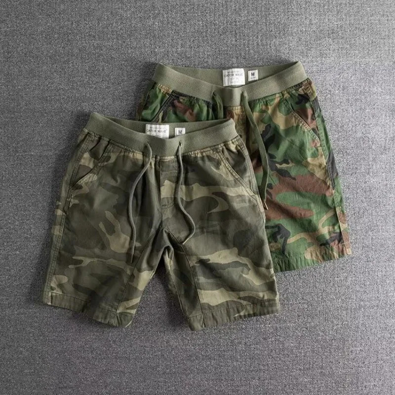 Mens cargo shorts with elastic waist camouflage drawstring shorts mens camouflage green er comfortable clothing Y2k style 250220