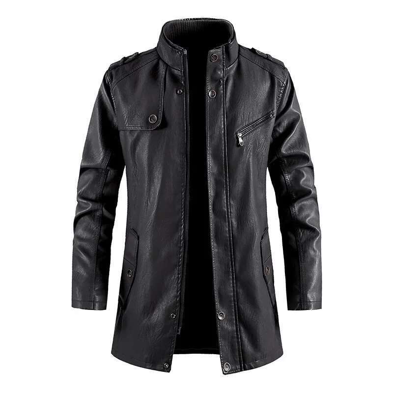 Men's thin leather biker jacket, long coat, warm outdoor clothing, casual fashion, vintage clothing, new, optics, smile, winter