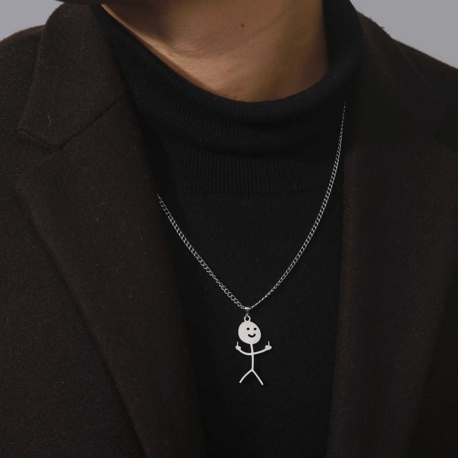 Skyrim Hip Hop Doodle Necklace for Men Women Stainl Steel Long Neck Chain Fashion Middle Finger Stickman Jewelry NewXJ250219
