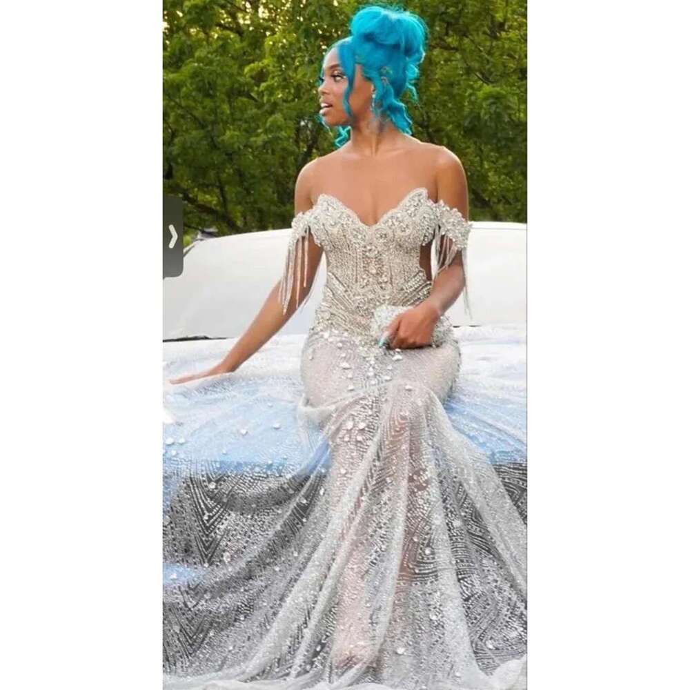 the silver rhinestone long 2025 black girls see through glitter lace mermaid custom birthday prom dresses