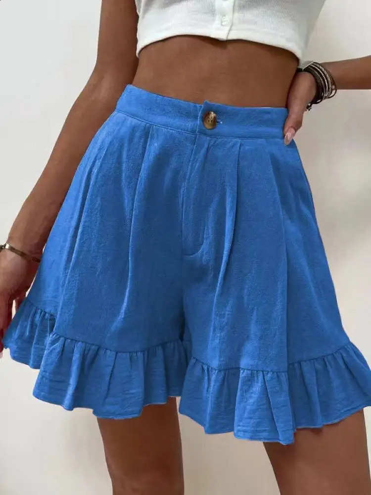 Womens Shorts Loose Cotton Hemp Casual Shorts Button Zipper Solid Color Pocket High Waist Wide Leg Ruffle Edge Shorts 250217
