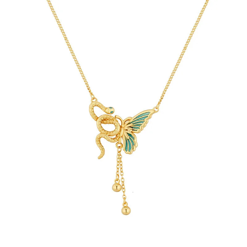 Womens Chinese-style enamel snake butterfly color 18K necklace high-end fashion personality and snake dance neck chain AU750 250220
