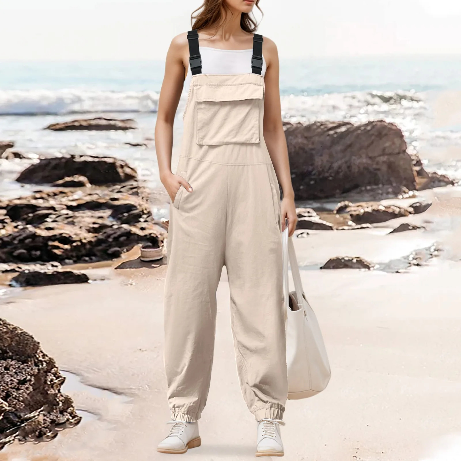 Womens Sleeveless Overalls Jumpsuit Casual Loose Adjustable Straps Bib Long Pants Jumpsuits With Pockets Womens Rompers 250220