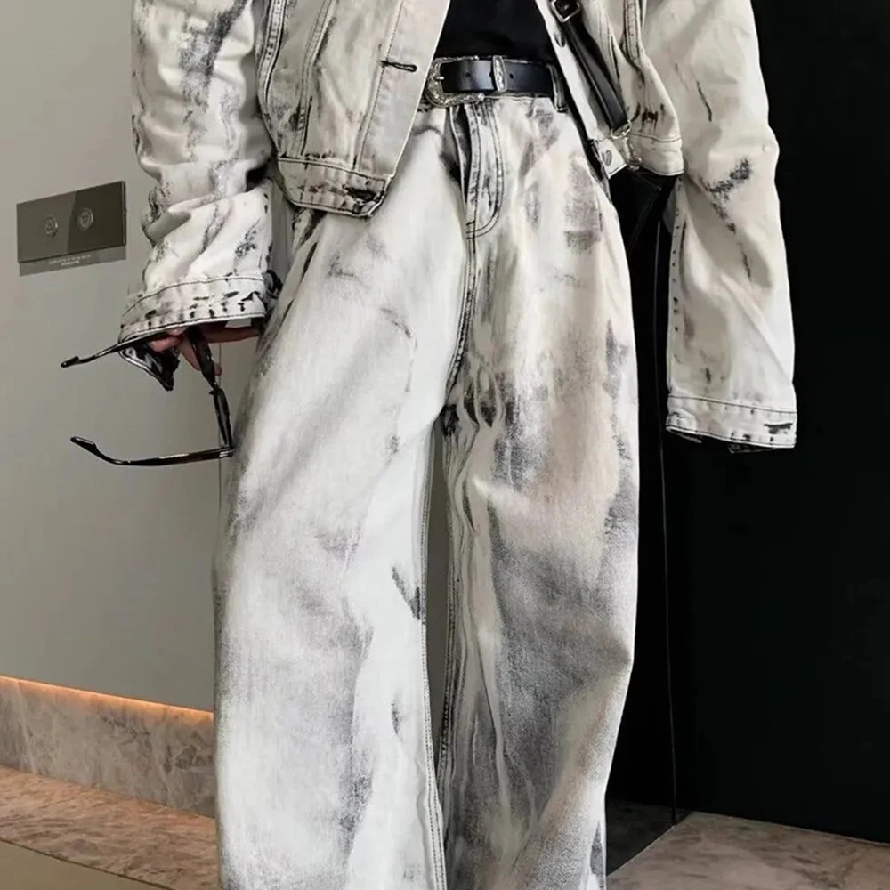 Mens Denim Y2k Tie-Dye Jacket Trousers Spring Streetwear Fashion Trends Youth Campus Performance Sets MenS Clothing 250220