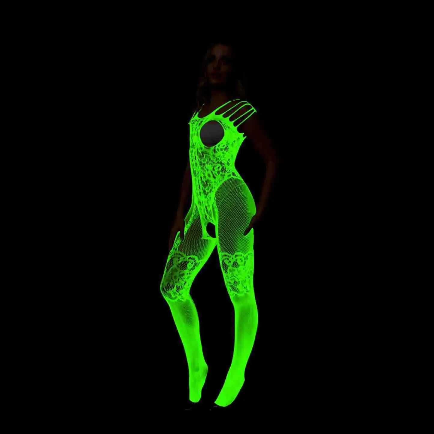 One Pieces Luminous Bodysuit Erotic Glowing Hollow Out Bodystockings Sexy Lingerie Mesh Body Women Transparent Sex Costumes W250220