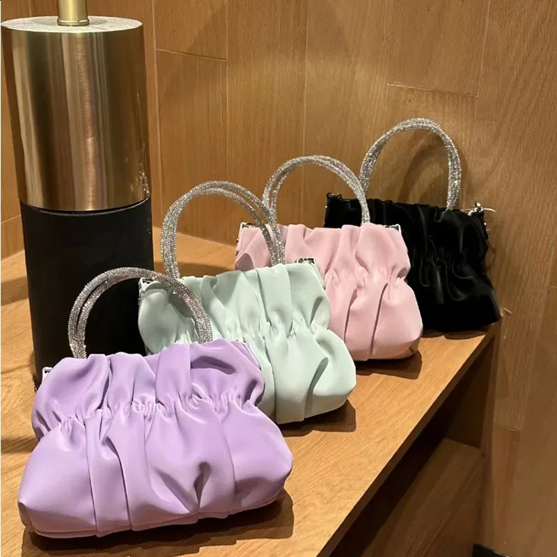 Rhinestone Portable Shoulder Bag Female Summer Ladies Party Pleated Cloud Chain Crossbody Solid Color Evening Bags 250218