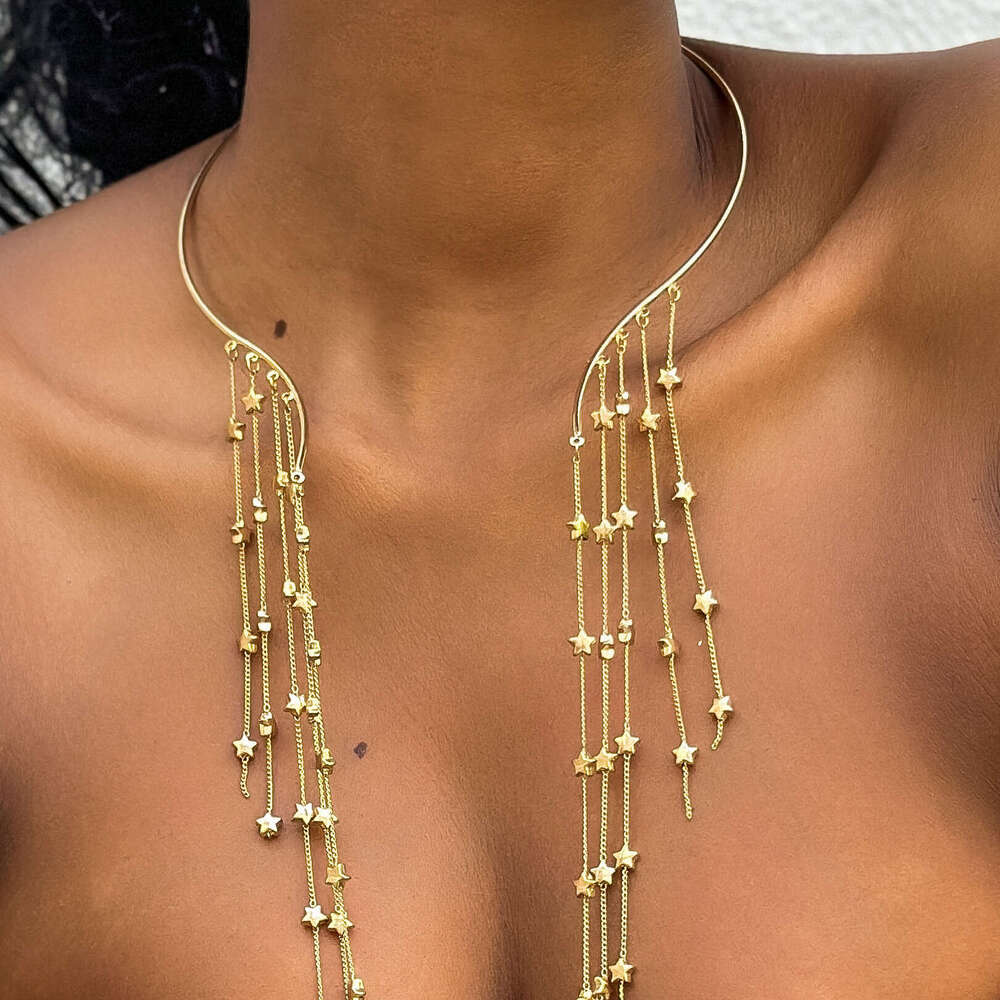Exaggerated long tassel opening punk collar with imitation pearl choker neck chain necklace for women
