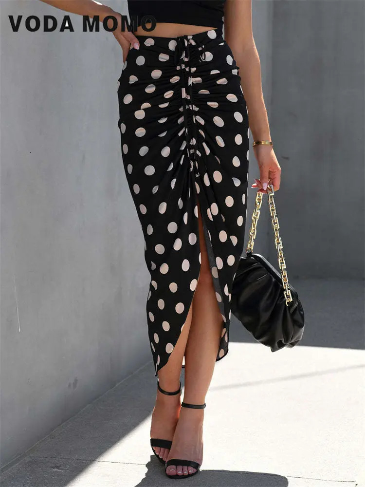 Summer Charm High Waist Split Midi Skirt Slim Party Bodycon Polk Dot Drawstring Casual Sexy Irregular 250220