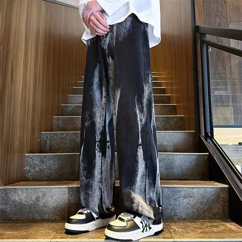 American Goth Black Tie-dye Jeans For Men Hip Hop Fashion Gradient Wide-leg Denim Pants 2025 New Y2K Vintage Baggy Jean Hombre X250220