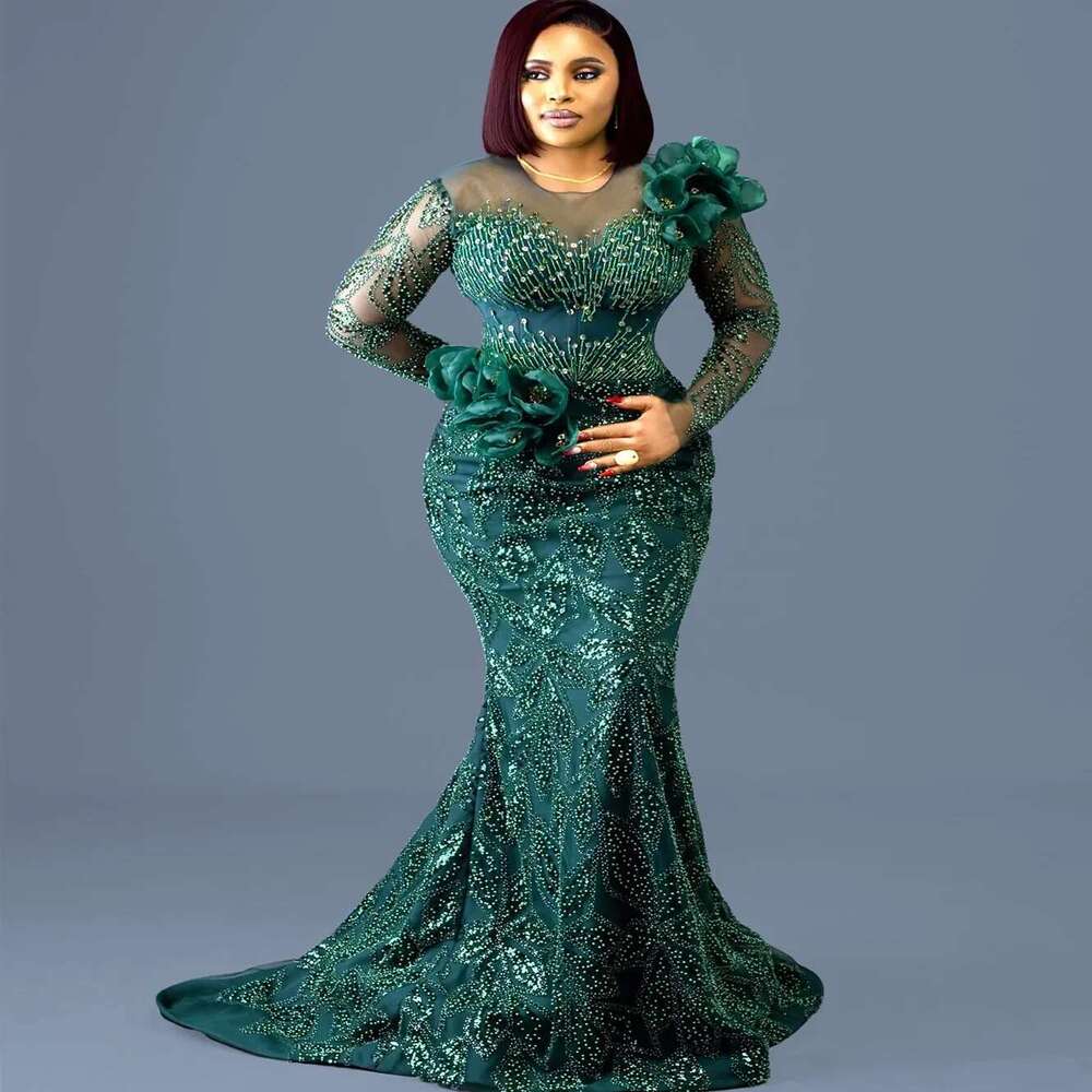 Plus size dark green mermaid full lace prom dress res beaded formal night party sea reception anniversary engagement