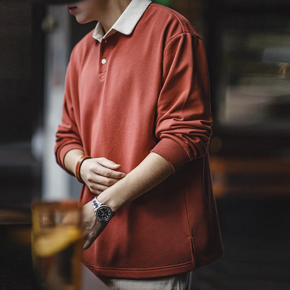 Made American Retro Knitted Contrast Polo Shirt Sweatshirt College Style Loose Lapel Long-sleeved T-shirts Mens Spring Top 250218