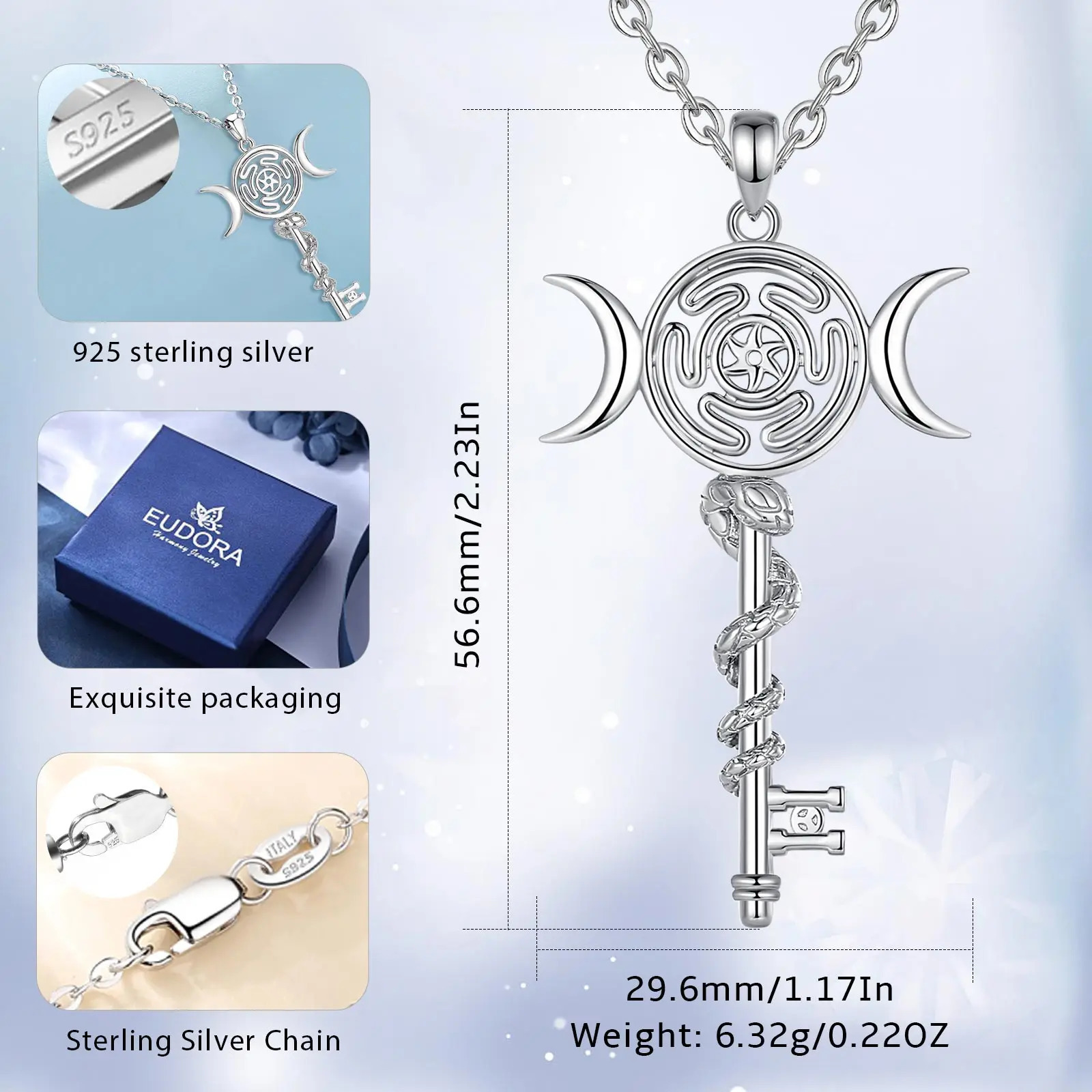 Eudora 925 Sterling Silver Hekate Wheel Necklace for Women Snake Key Triple Moon Goddess Pendant Witch Jewelry Personality Gift 250220