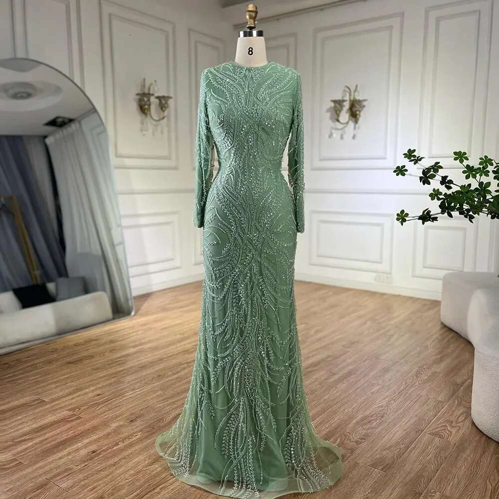 Hill Serene Muslim Sage Green Mermaid Cape Sleeves Beaded Satin Evening Dresses Gowns Customize Party BLA