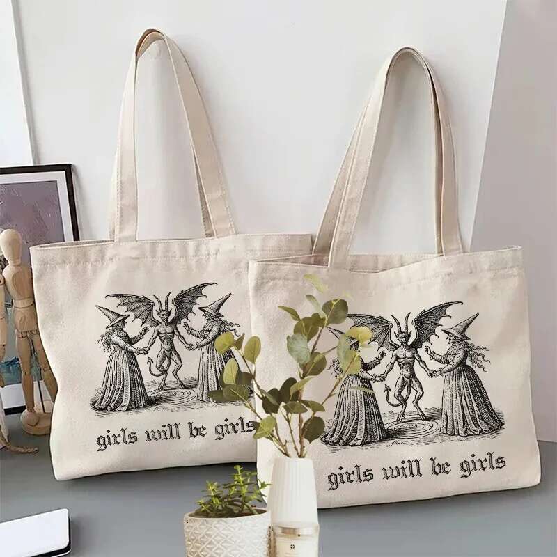 Will Be Girls Witch Canvas Tote Organizer New Large Capacity Travel Storage Shoulder Bag Handbag Halloween Spooky Gift swissmilitary
