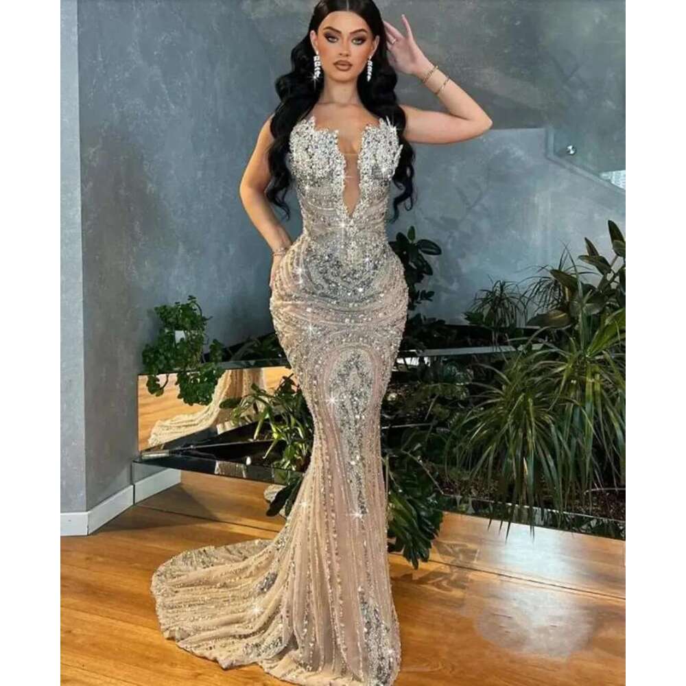 Sleeveless Mermaid Prom V-neckline, sequins, trimmed, 3D Render, Hollow, Up to the floor, Diamonds, Sexy Dresses, Appliques