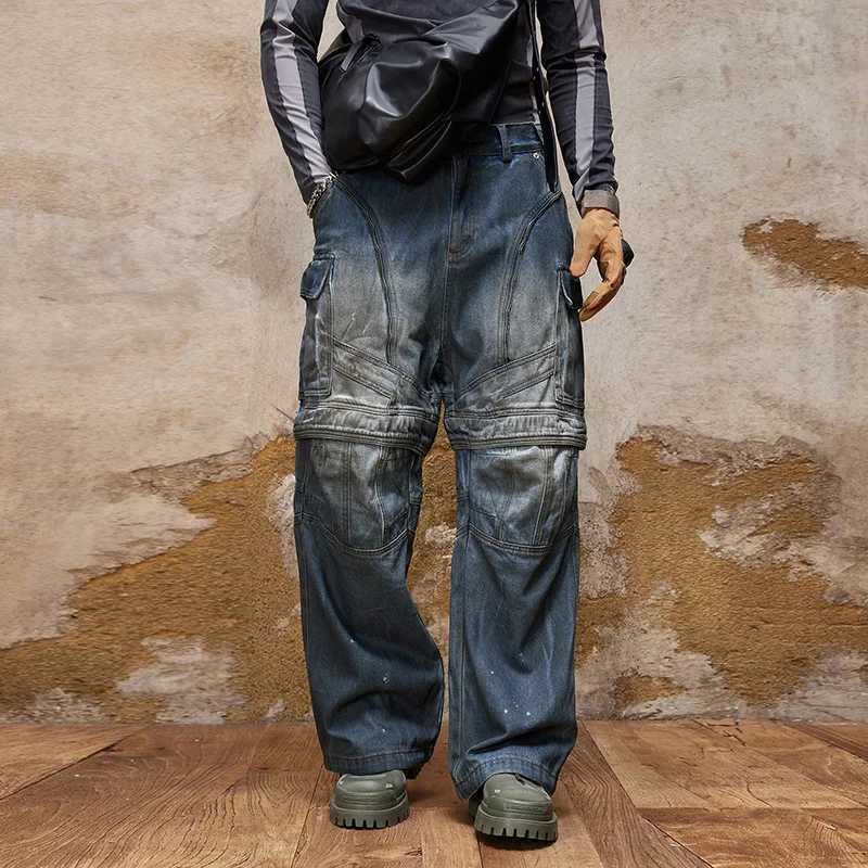 American-Style Multi-Pocket Jeans Mens Retro Nostalgic Loose Street Straight Wide Leg Hip Hop Trend Zipper Detachable Trousers X250220